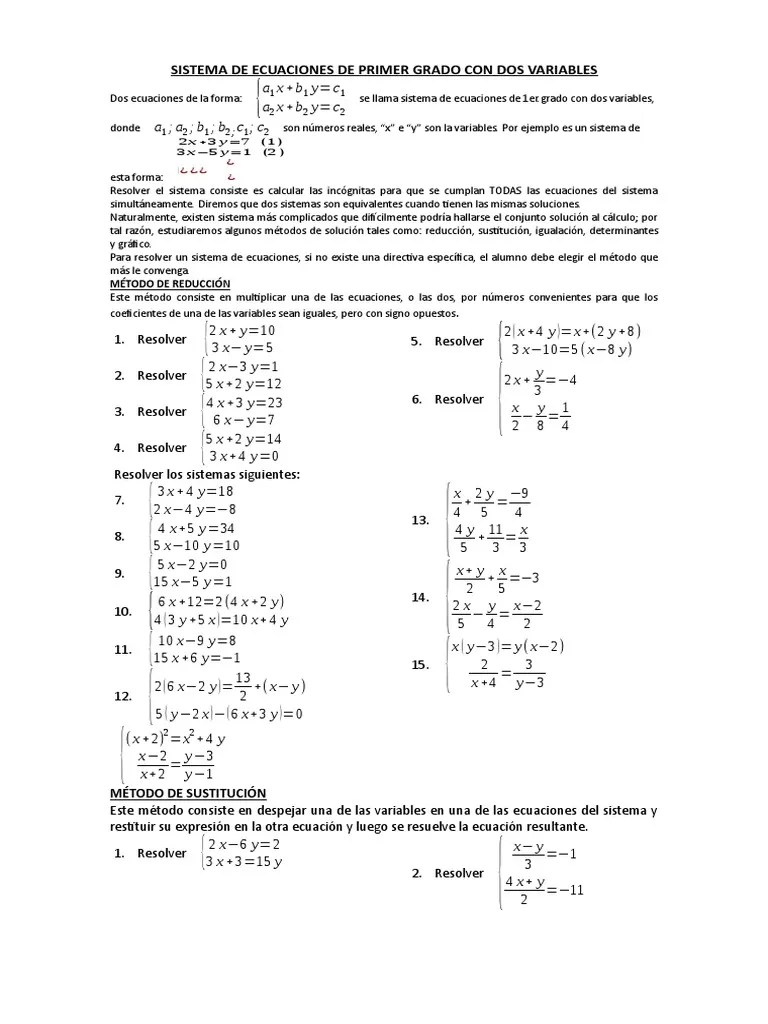 SISTEMA DE ECUACIONES DE PRIMER GRADO CON DOS VARIABLES