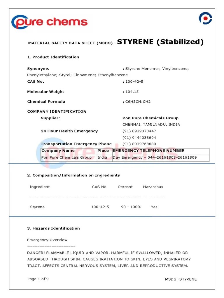 Styrene Monomer MSDS PDF Dangerous Goods Combustion