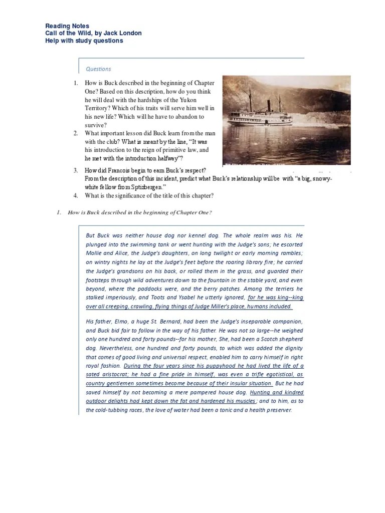 Call of the Wild Chapter One Help With Answers Dogs Domesticated