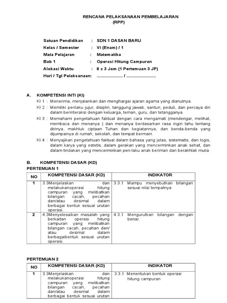 Rpp Operasi Hitung Campuran Kelas 4 Sd