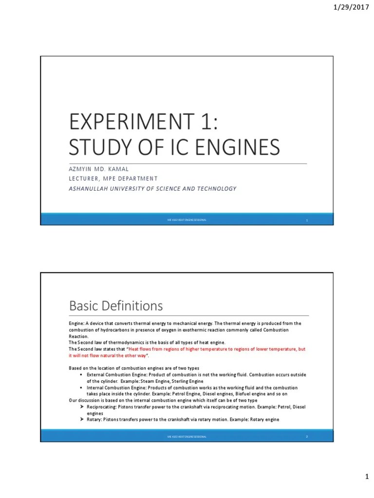 Experiment 1 Study of Ic Engines Basic Definitions PDF Internal