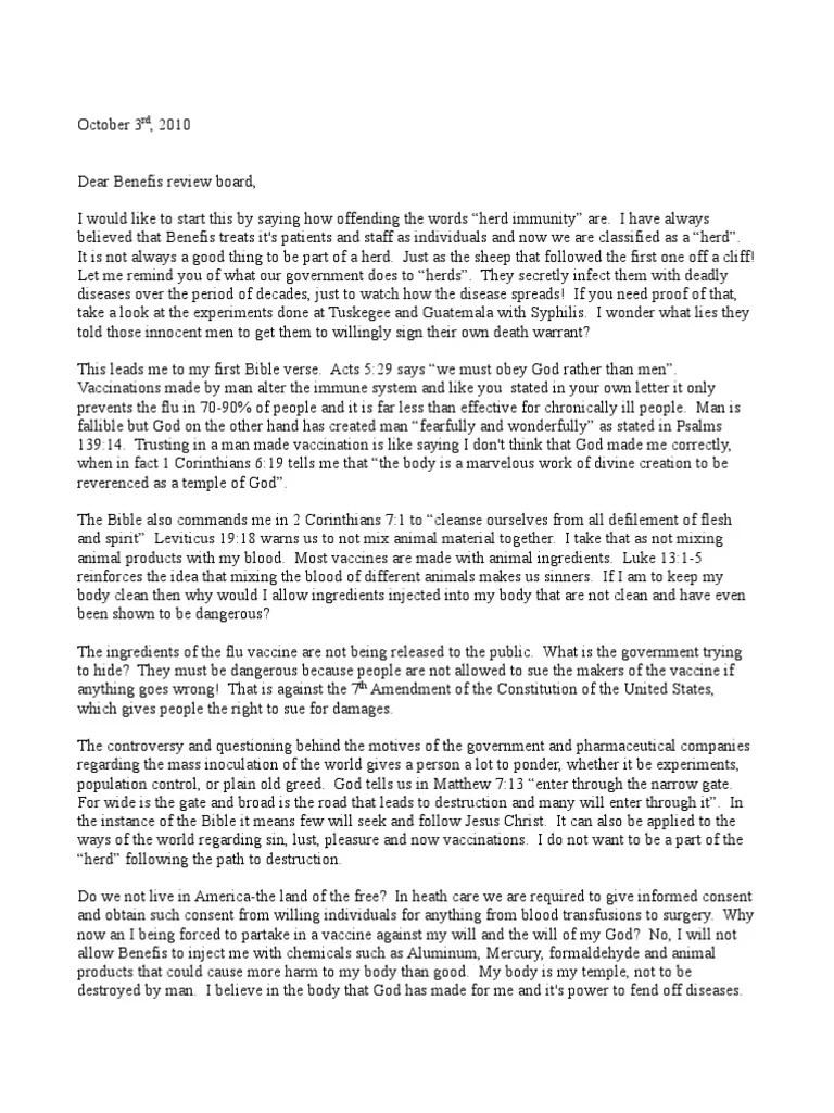 I've been a healthcare employee for 11years and i'm not sure what to do. Religious Exemption Letter | Sin | Vaccines