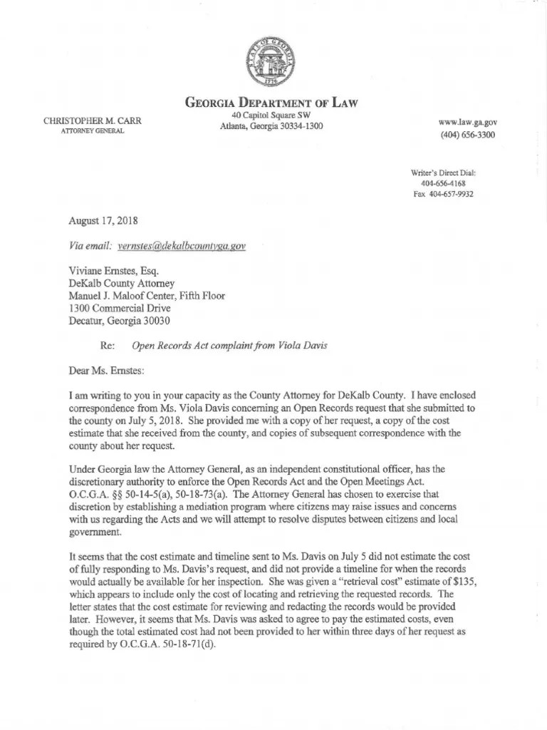 Attorney General Letter Response to Open Records Act Complaint From