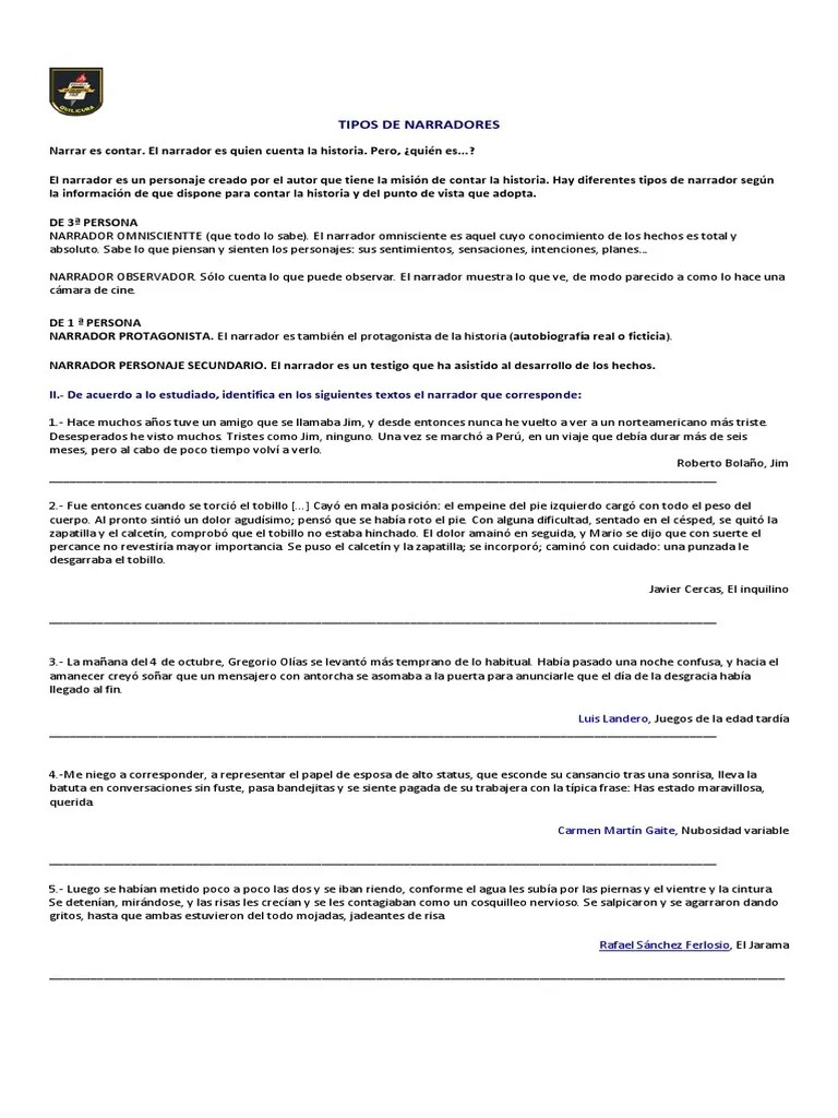 Tipos De Narradores II.De acuerdo a lo estudiado, identifica en los