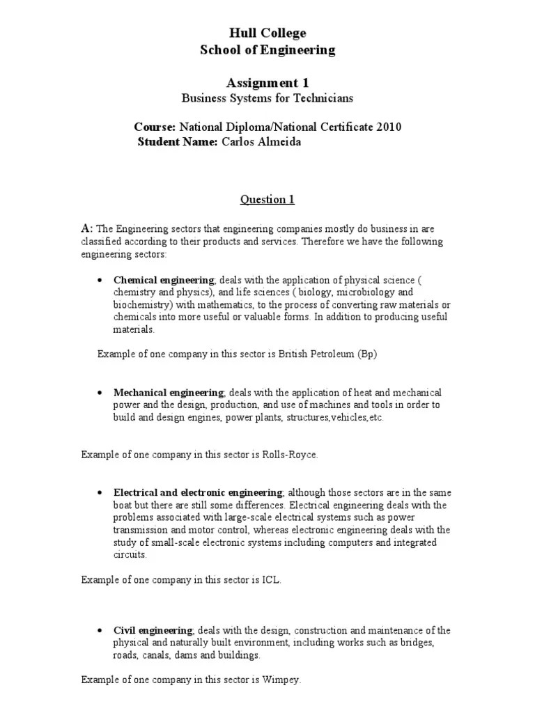 Hull College School of Engineering Assignment 1 Business Systems For