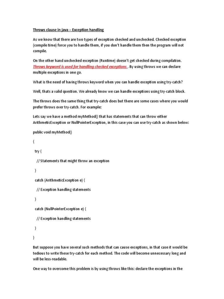 Throws Clause in Java Exception Handling Throws Keyword Is Used For Handling Checked