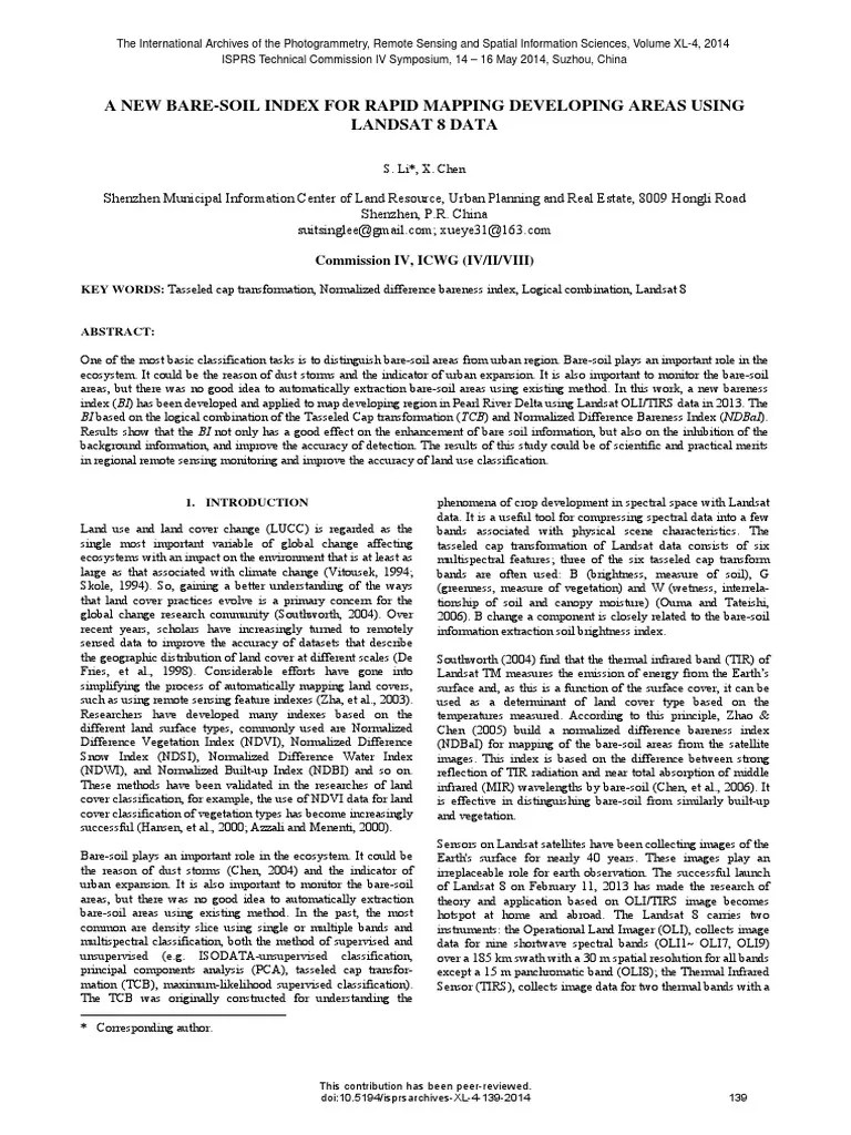 A New BareSoil Index For Rapid Mapping Developing Areas Using Landsat 8 Data PDF Earth