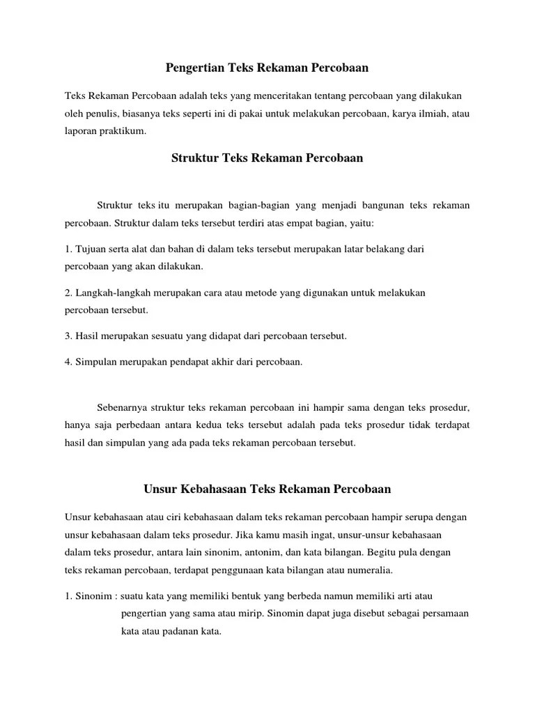 Struktur Dan Ciri Kebahasaan Teks Rekaman Percobaan
