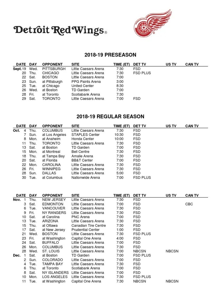 Detroit Red Wings Home Schedule 2024 201819 Detroit Red Wings TV Schedule National Hockey League Ice Hockey