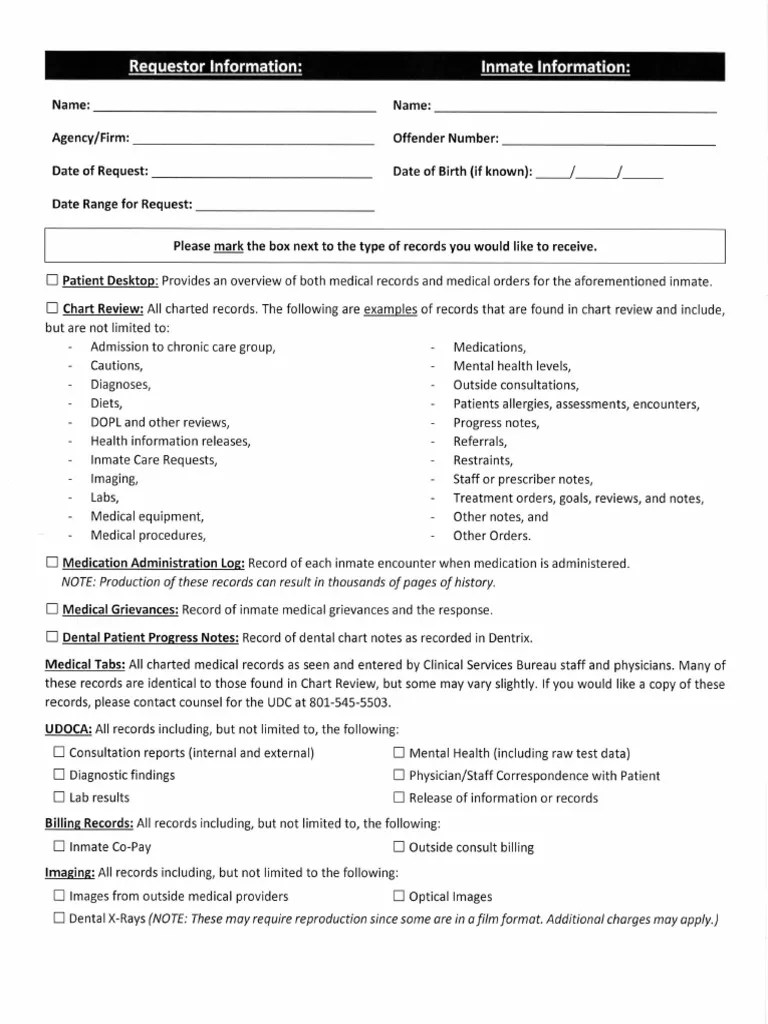 Utah prison medical records checklist