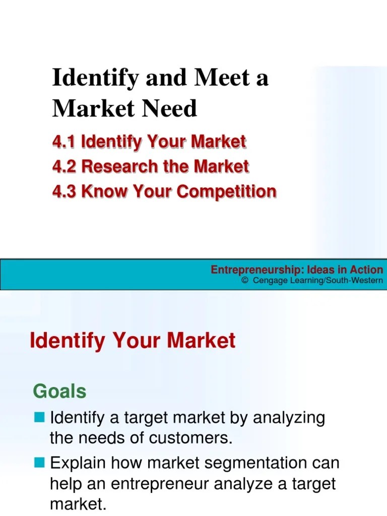 Identify and Meet A Market Need 4.1 Identify Your Market 4.2 Research The Market 4.3 Know Your