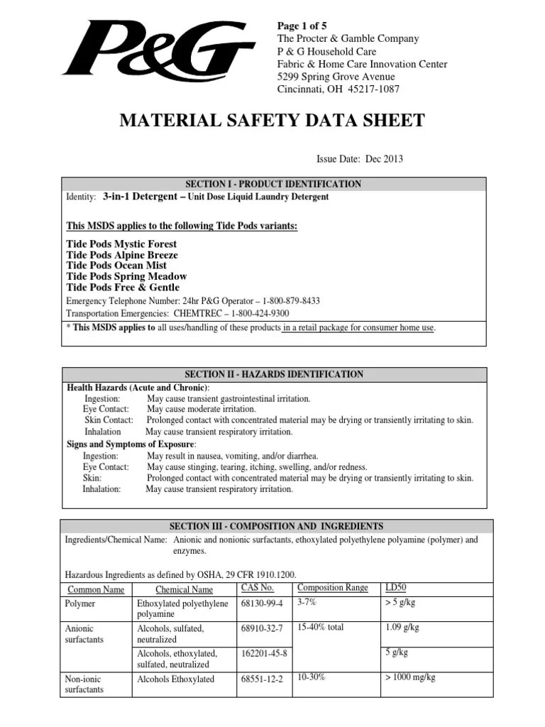 Tide Pods Spring Meadow MSDS Dec 2013 PDF Personal Protective