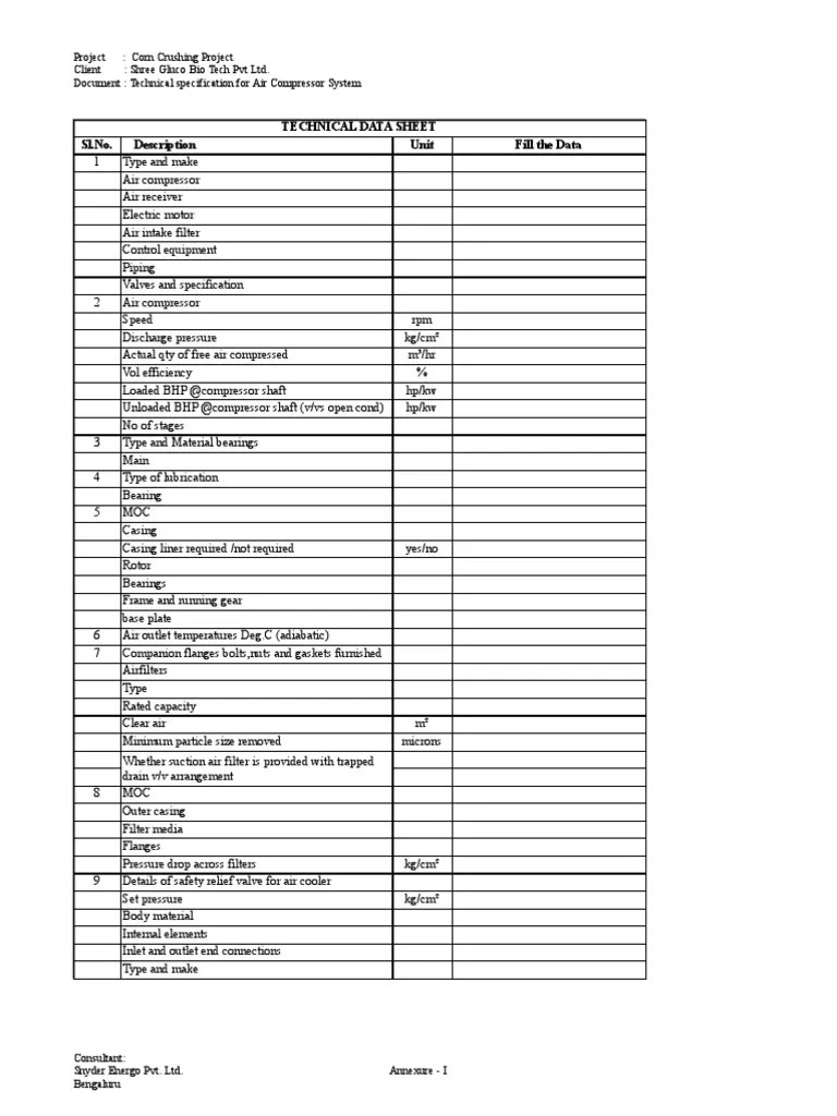 Air Compressor Data Sheet PDF Valve Bearing (Mechanical)