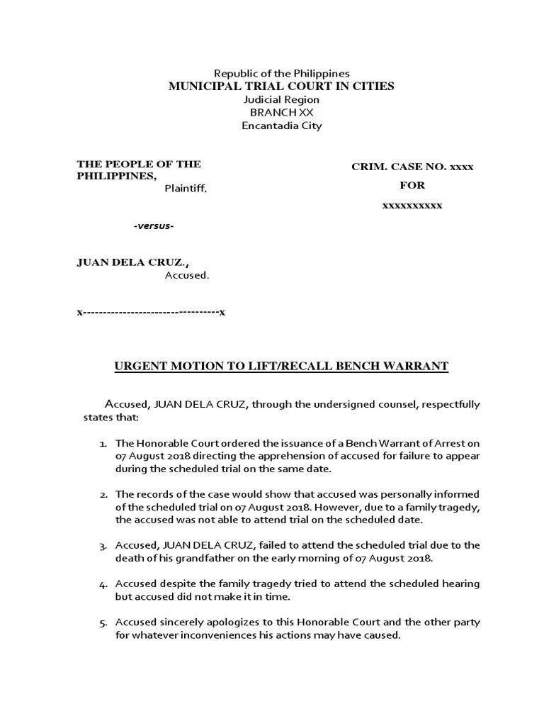 Motion To Lift Bench Warrant PDF Arrest Warrant Prosecutor