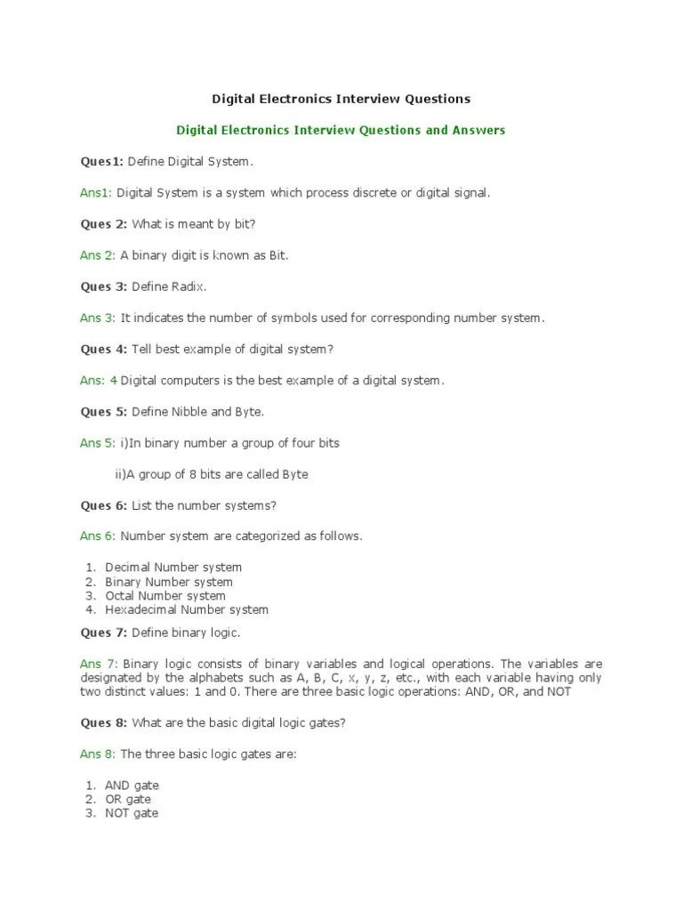 Digital Electronics Interview Questions PDF Logic Gate Electrical Circuits