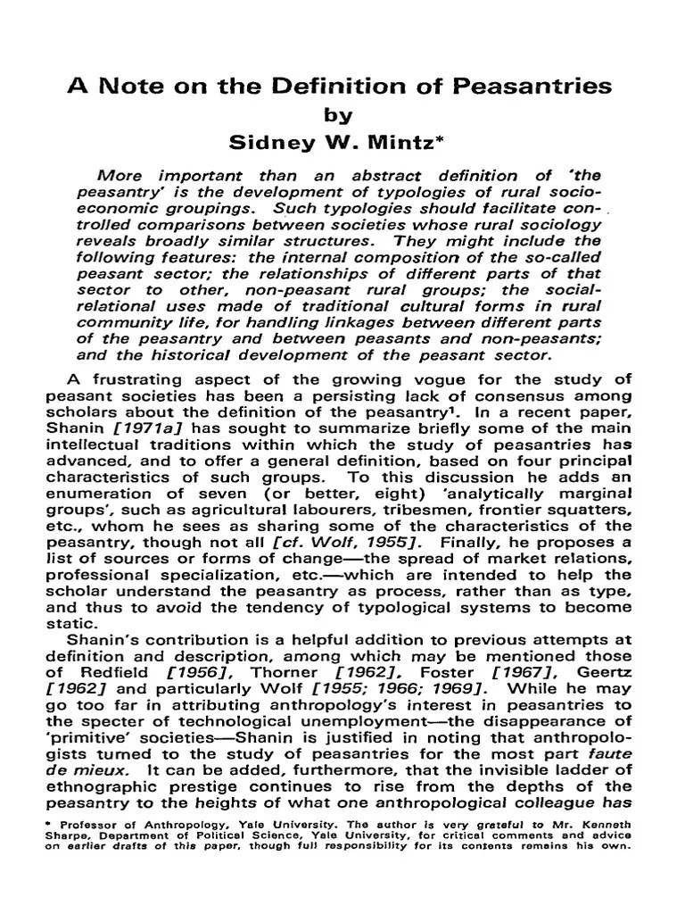 Mintz Note Definition Peasantry (1973) PDF Peasant Anthropology