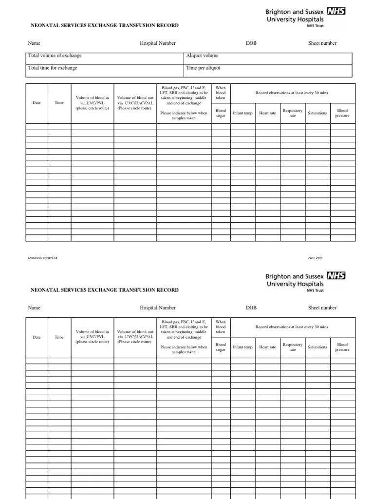 exchange transfusion sheet Blood Transfusion Blood