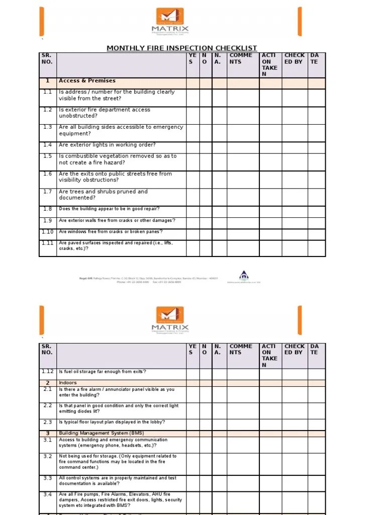 Monthly Fire Safety Inspection Report Fire Sprinkler System Ac
