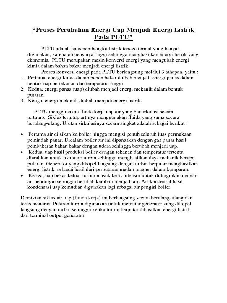 Proses Perubahan Energi Uap Menjadi Energi Listrik Pada PLTU | PDF