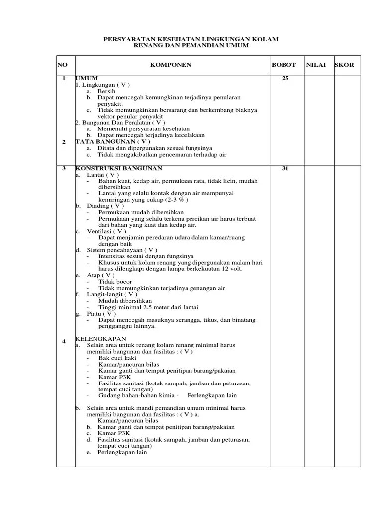 Instrumen STTU Kolam Renang Dan Pemandian Umum | PDF