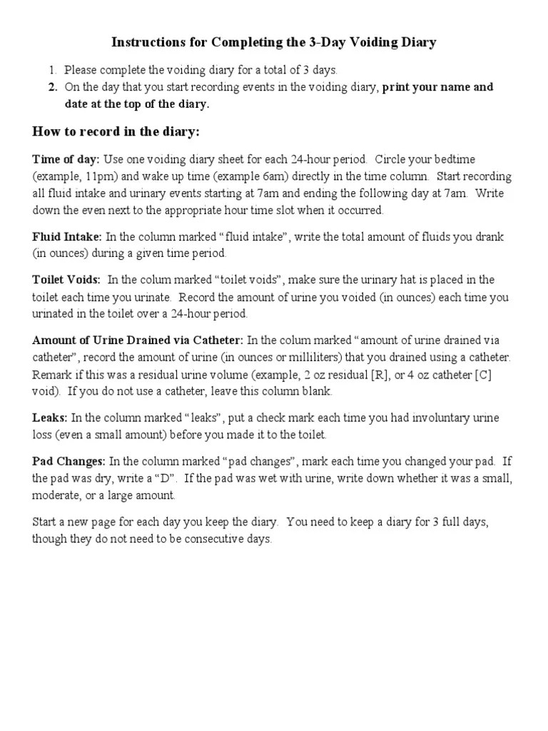 Instructions For Completing The 3Day Voiding Diary PDF Urination
