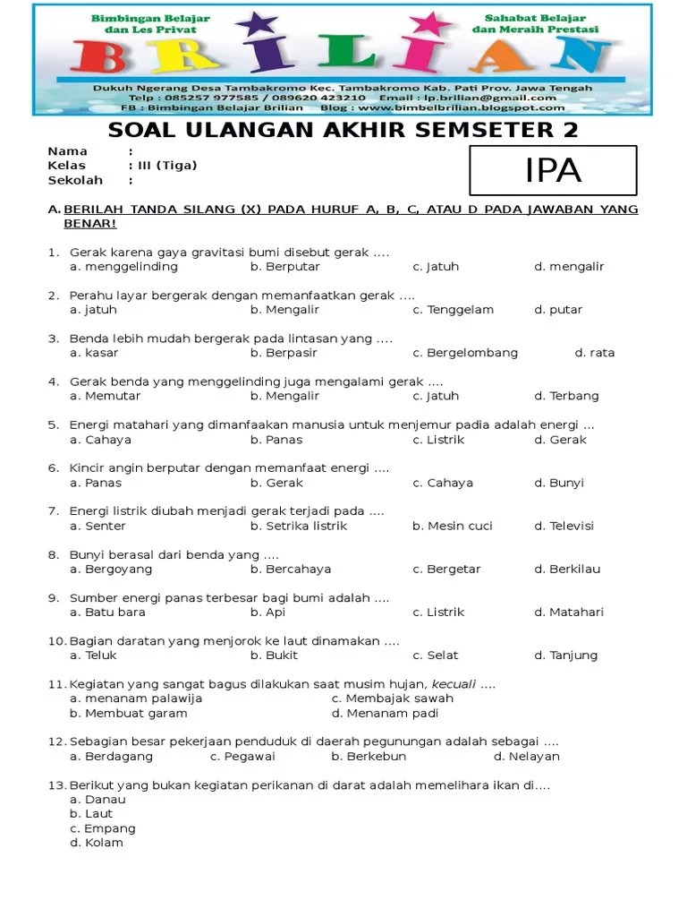 Soal Uas Ipa Kelas 3 Sd Semester 1 Dan Kunci Jawaban Temukan Jawab