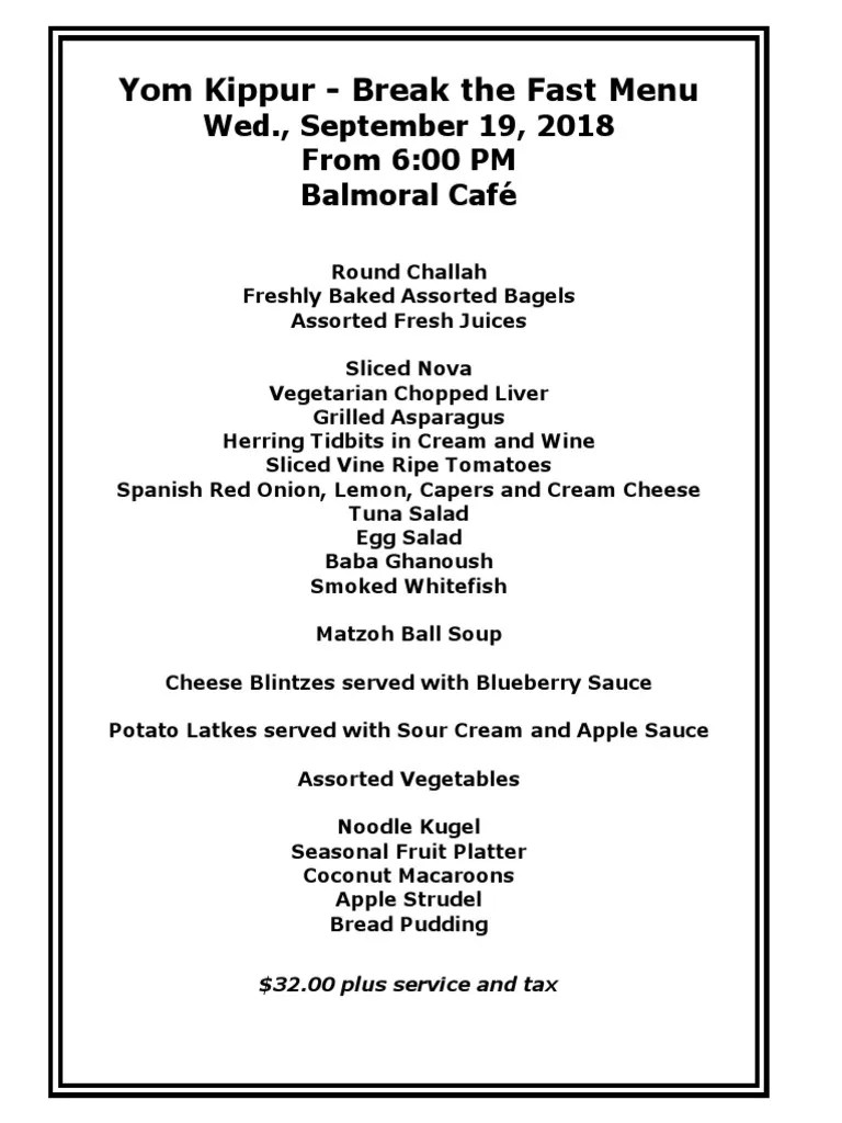 Yom Kippur Menu 2018 PDF PDF Cuisine Cooking
