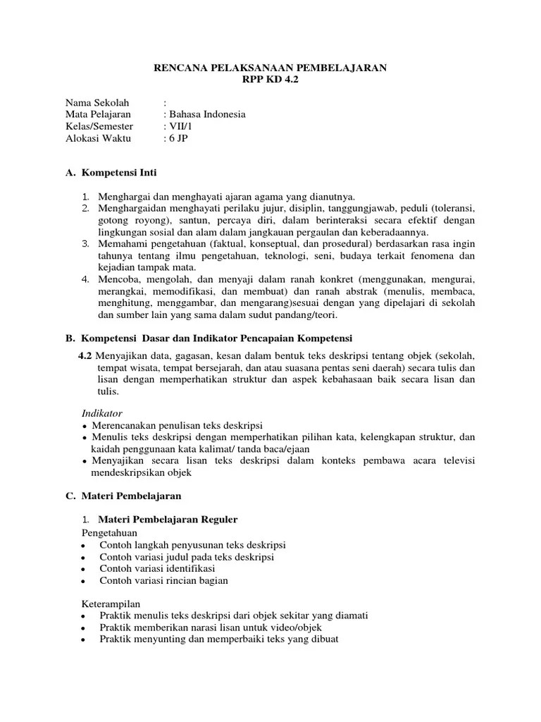 RPP KD 4.2 (Teks Deskripsi) | PDF
