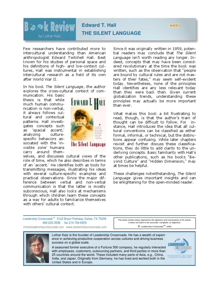 Silent Language PDF Cross Cultural Communication Nonverbal
