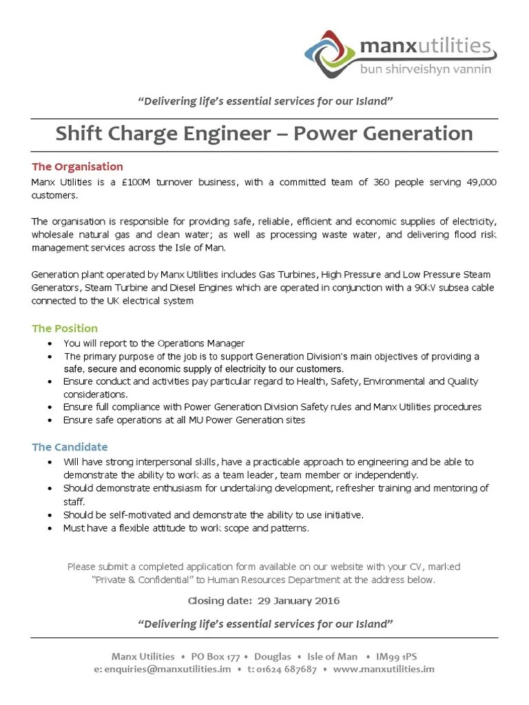 Job Description Shift Charge Engineer PDF Electricity Generation