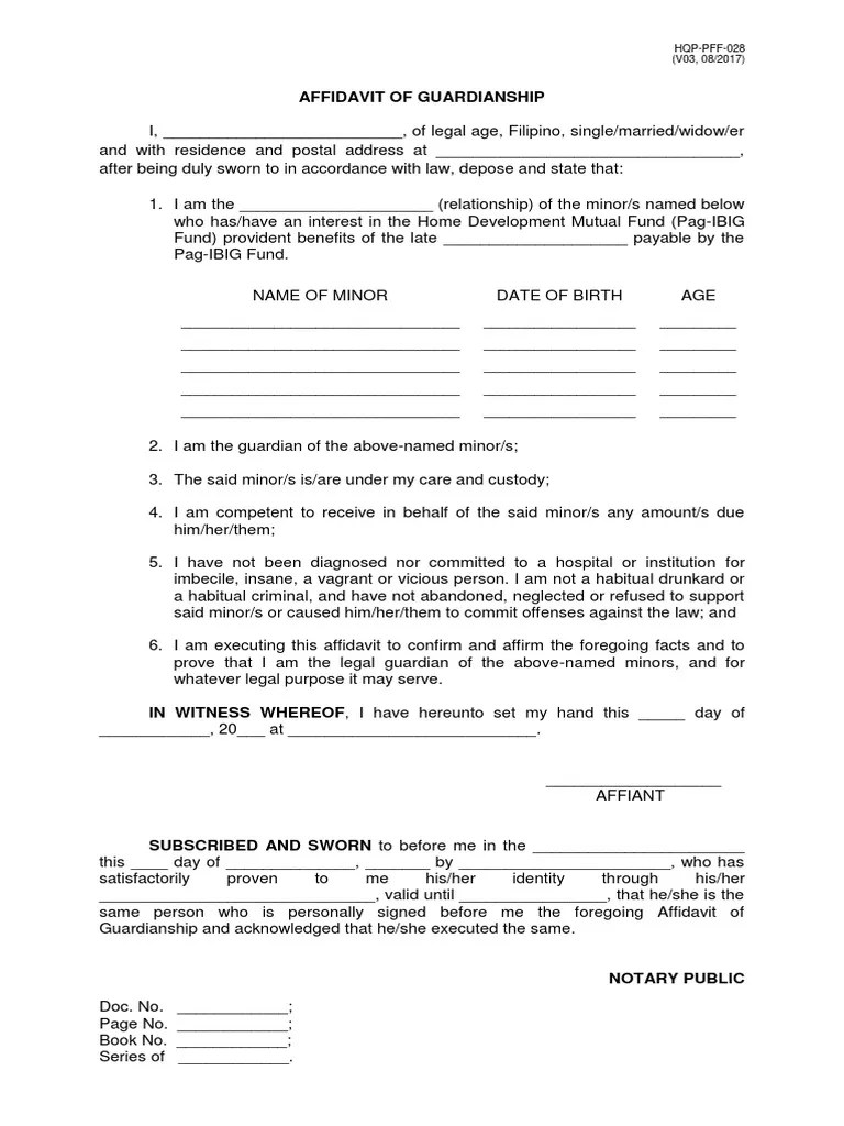 Affidavit Of Guardianship HQPPFF028 (V03, 08/2017) Affidavit