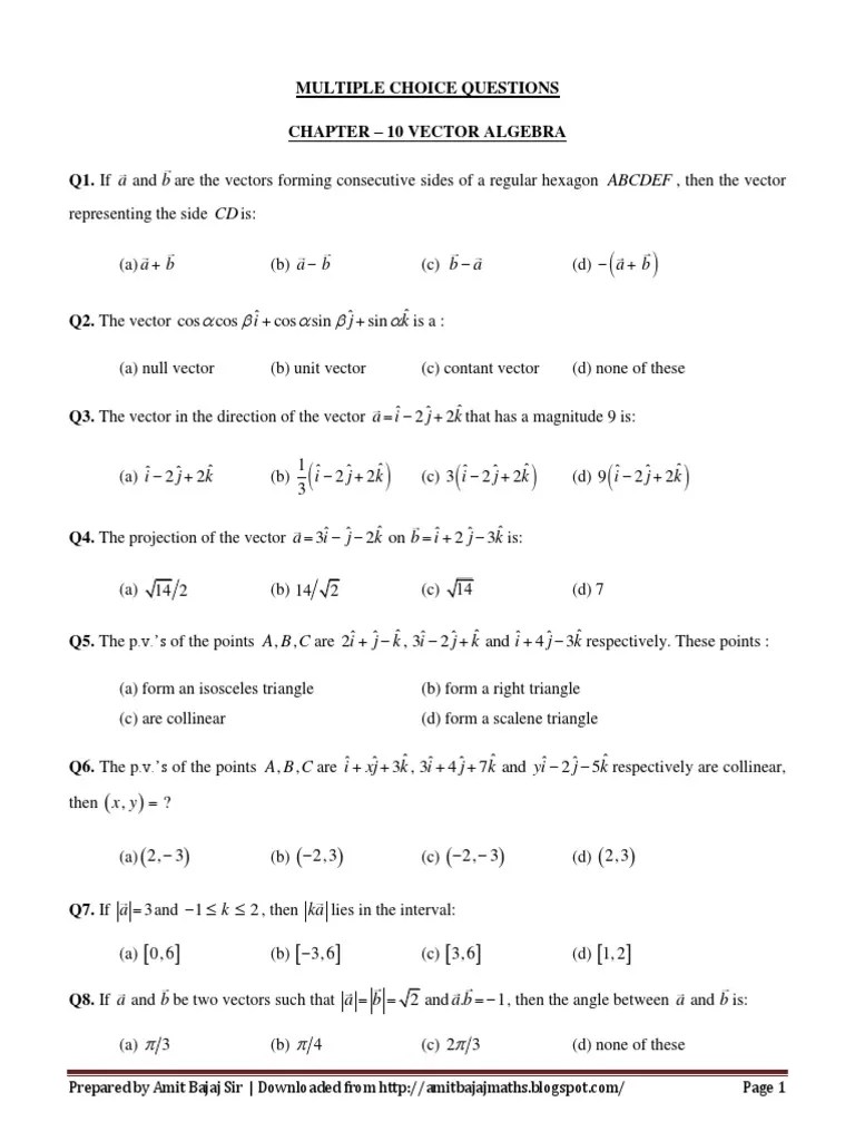 Ch 10 Vector Algebra Multiple Choice Questions (With