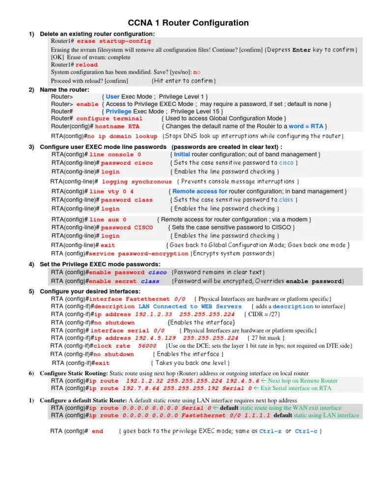 CCNA 1 Router & Switch Configuration Commands Router