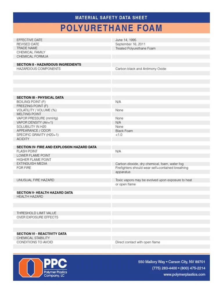 Polyurethane Foam Material Safety Data Sheet Download Free PDF Polyurethane Fires