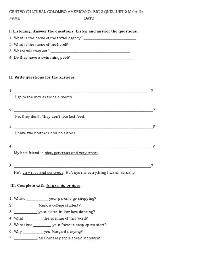 Quiz Eic2 Unit2 | PDF | Workweek And Weekend