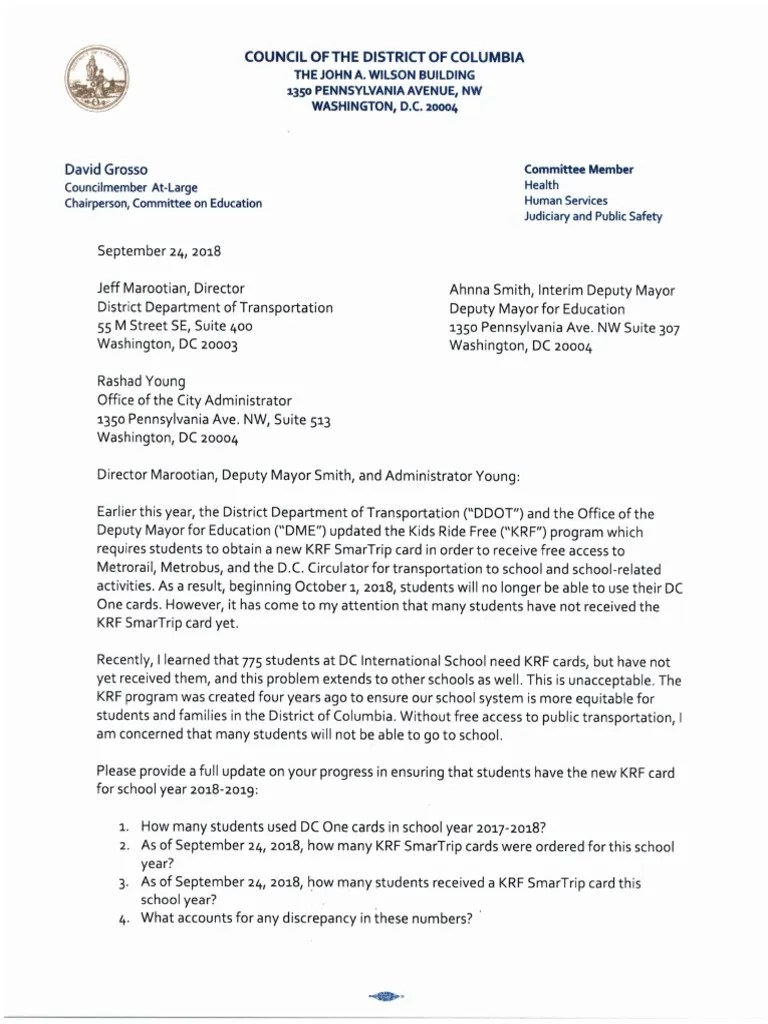 09242018 Letter to the City Administrator DDOT and DME Student DC One