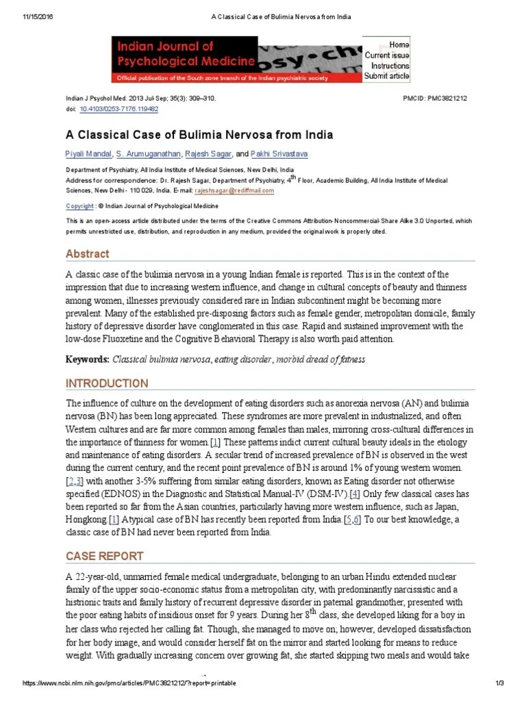 Case Study A Classical Case of Bulimia Nervosa From India PDF