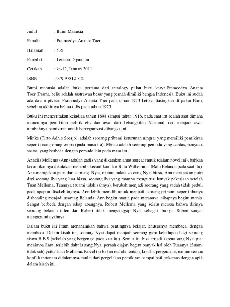 Resensi Buku Bumi Manusia Karya Pramoedya Ananta Toer
