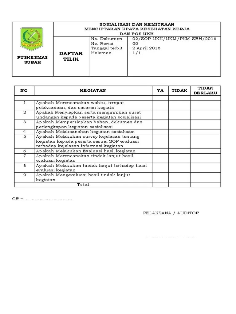 Daftar Tilik Sop Sosialisasi Ukk | PDF