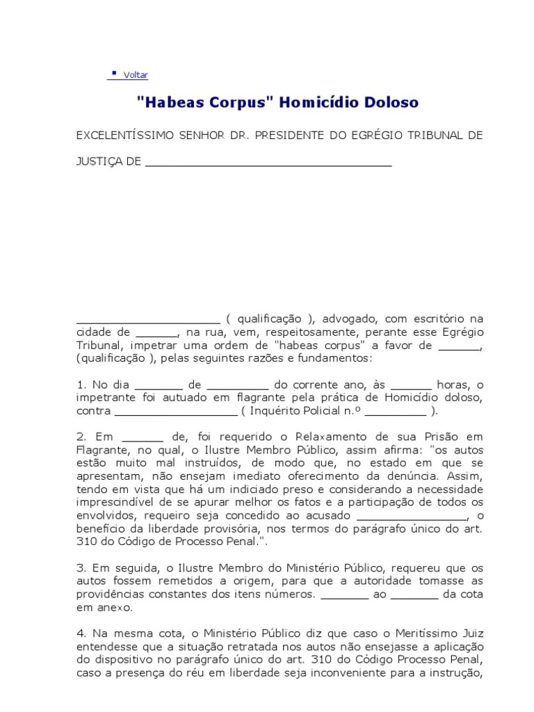 modelo de habeas corpus Habeas Corpus Procedimento criminal