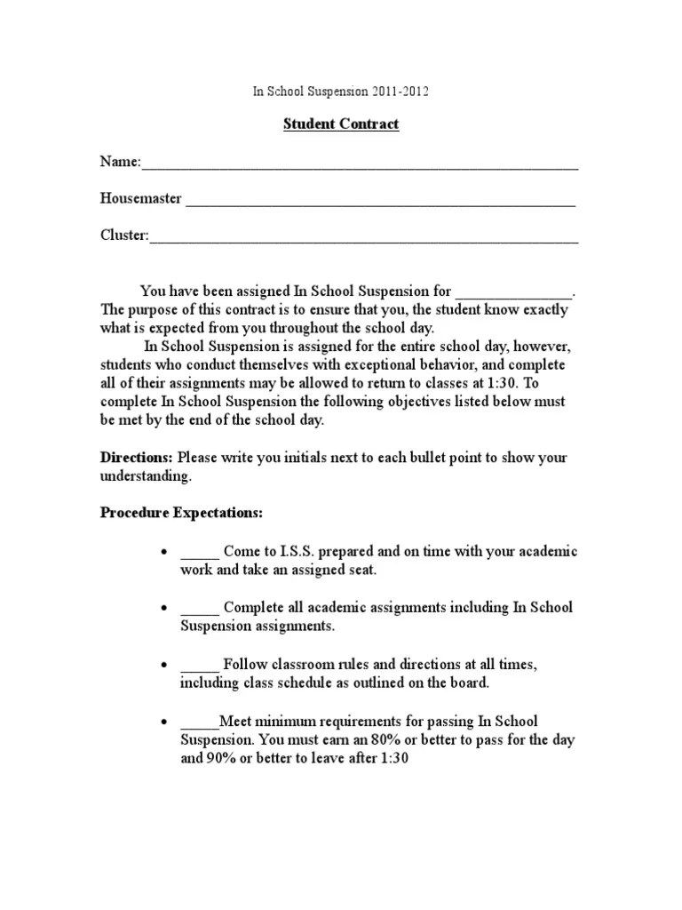 In School Suspension Student Contract PDF Behavior Modification