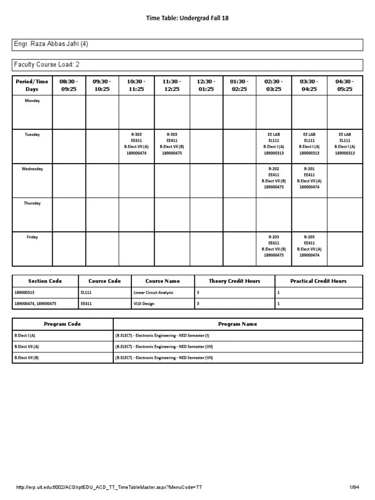 All Faculty Schedule FALL2018 UIT Timetable Course Credit Academic Term