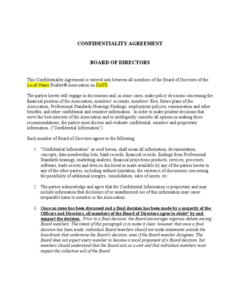 Confidentiality Agreement Board Of Directors Confidentiality