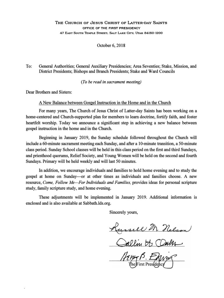 LDS First Presidency Letter The Church Of Jesus Christ Of Latter Day