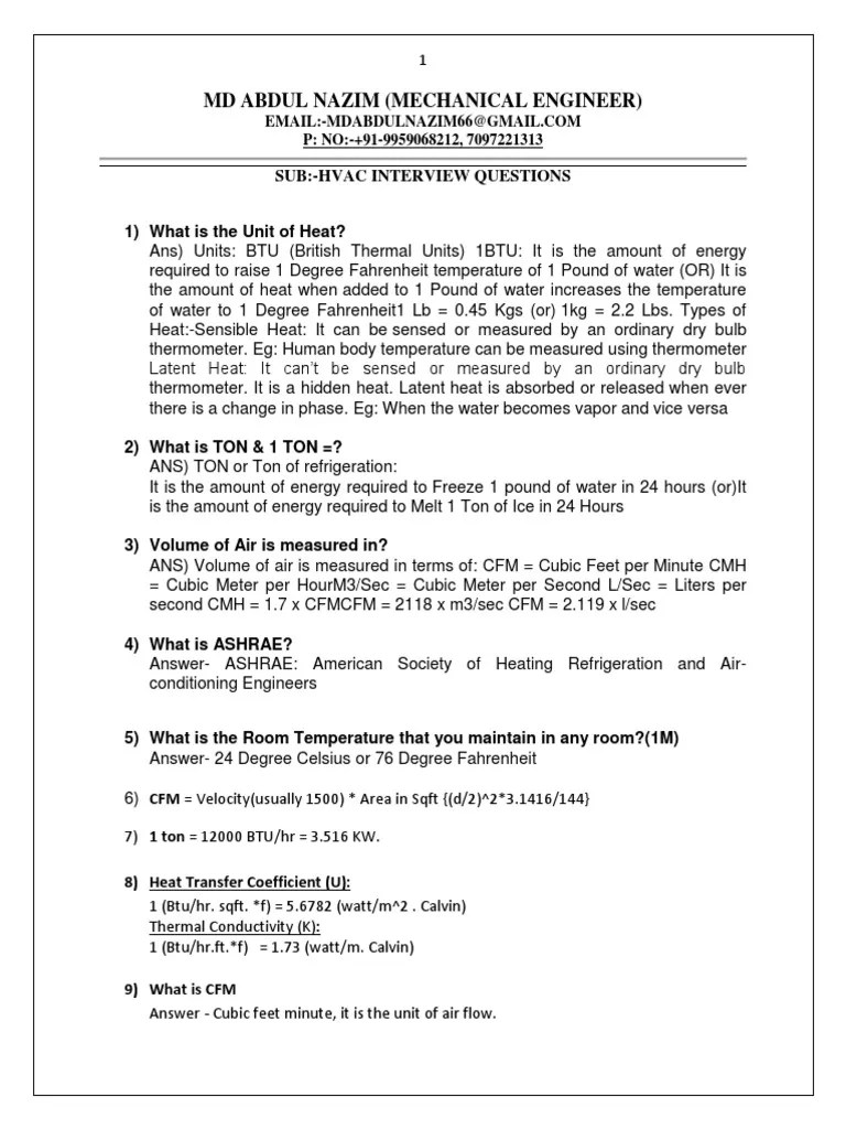 HVAC Engineer Interview 70 Question & Answers PDF Hvac British