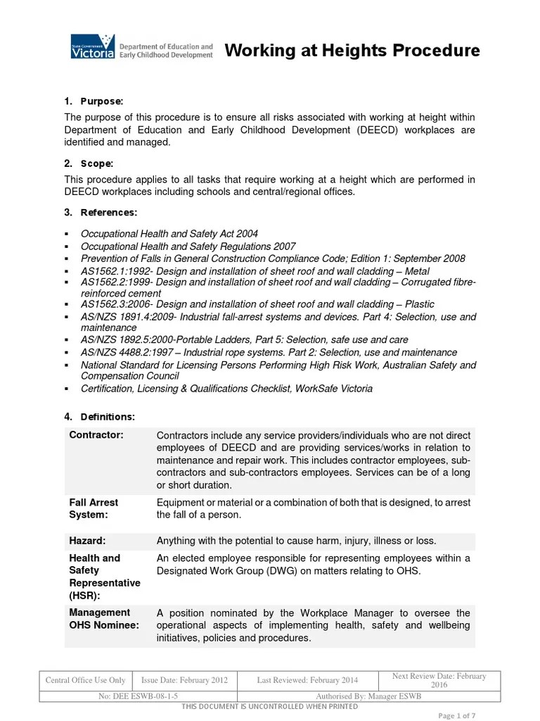 Working at Heights Procedure 1. Purpose Occupational Safety And
