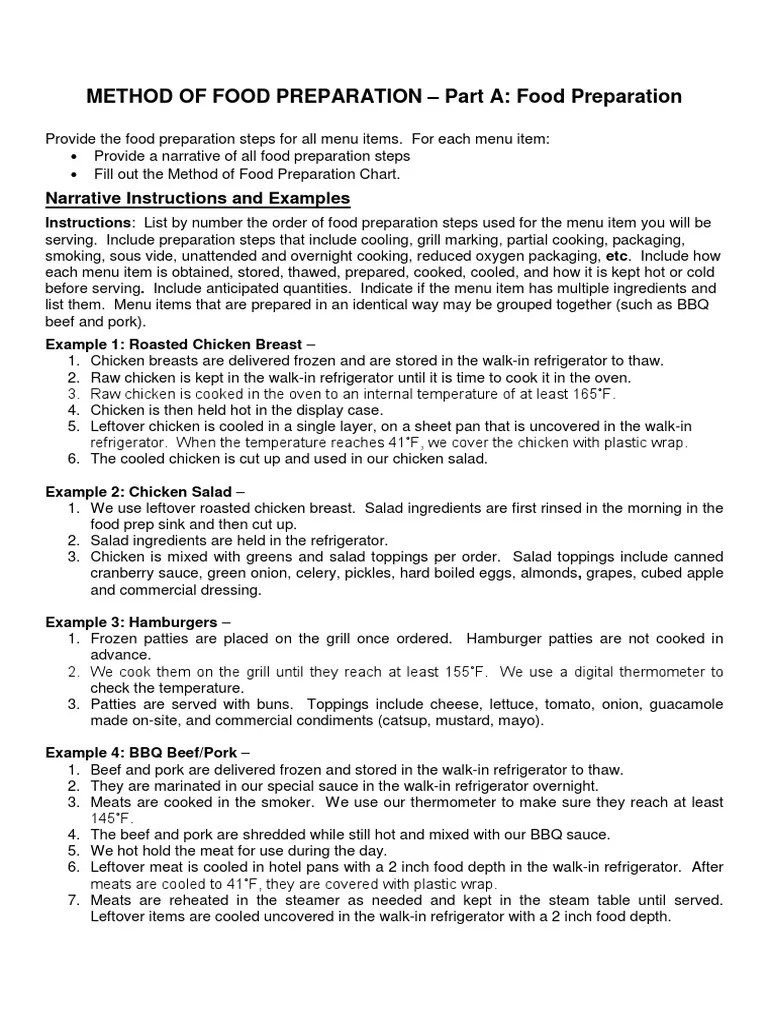 METHOD OF FOOD PREPARATION Part A Food Preparation Narrative