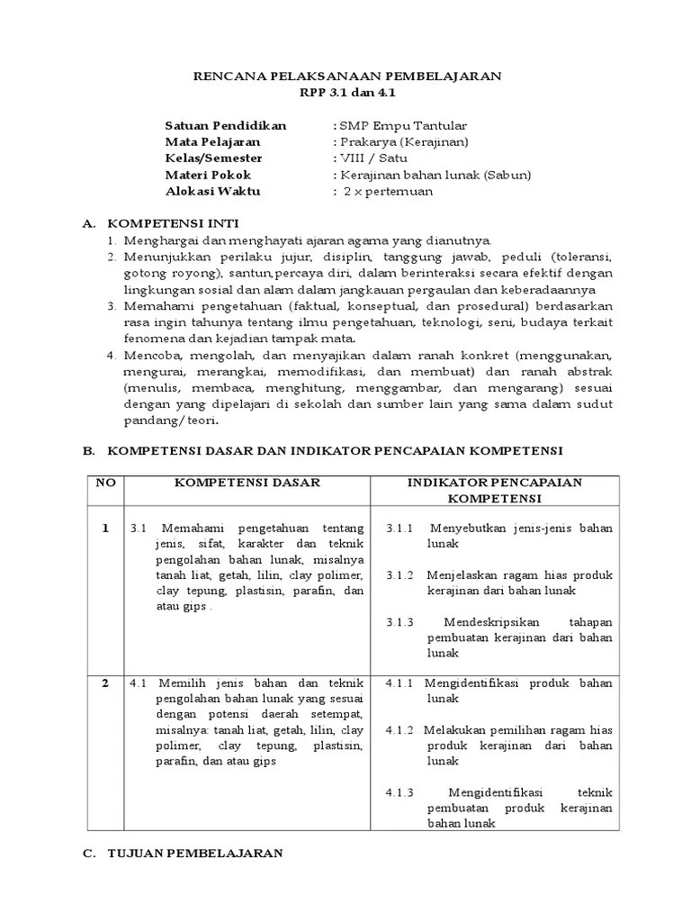 RPP Kerajinan KD 3.1 4.1 Kelas 8