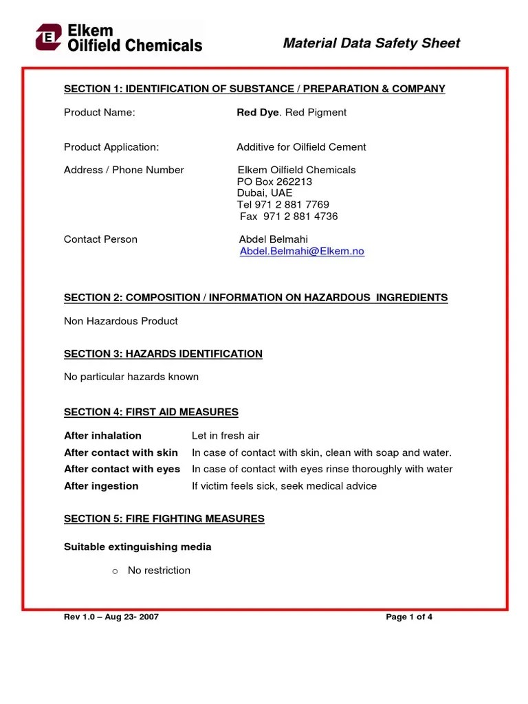 Red Dye Msds Chemistry Safety