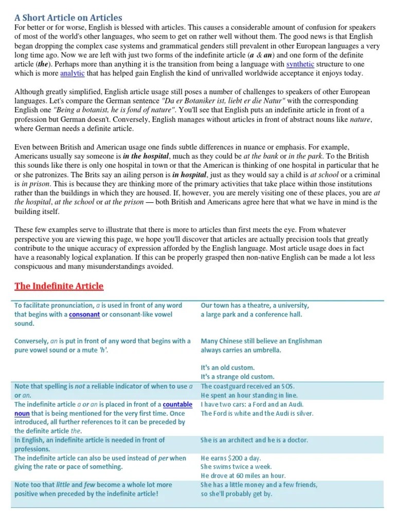 A Short Article on Articles English Language Grammar